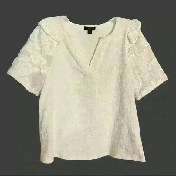 Anthropologie RARE Jacquie Lace Sleeved Top SM by Current Air Ivory Split V Neck - Picture 1 of 10
